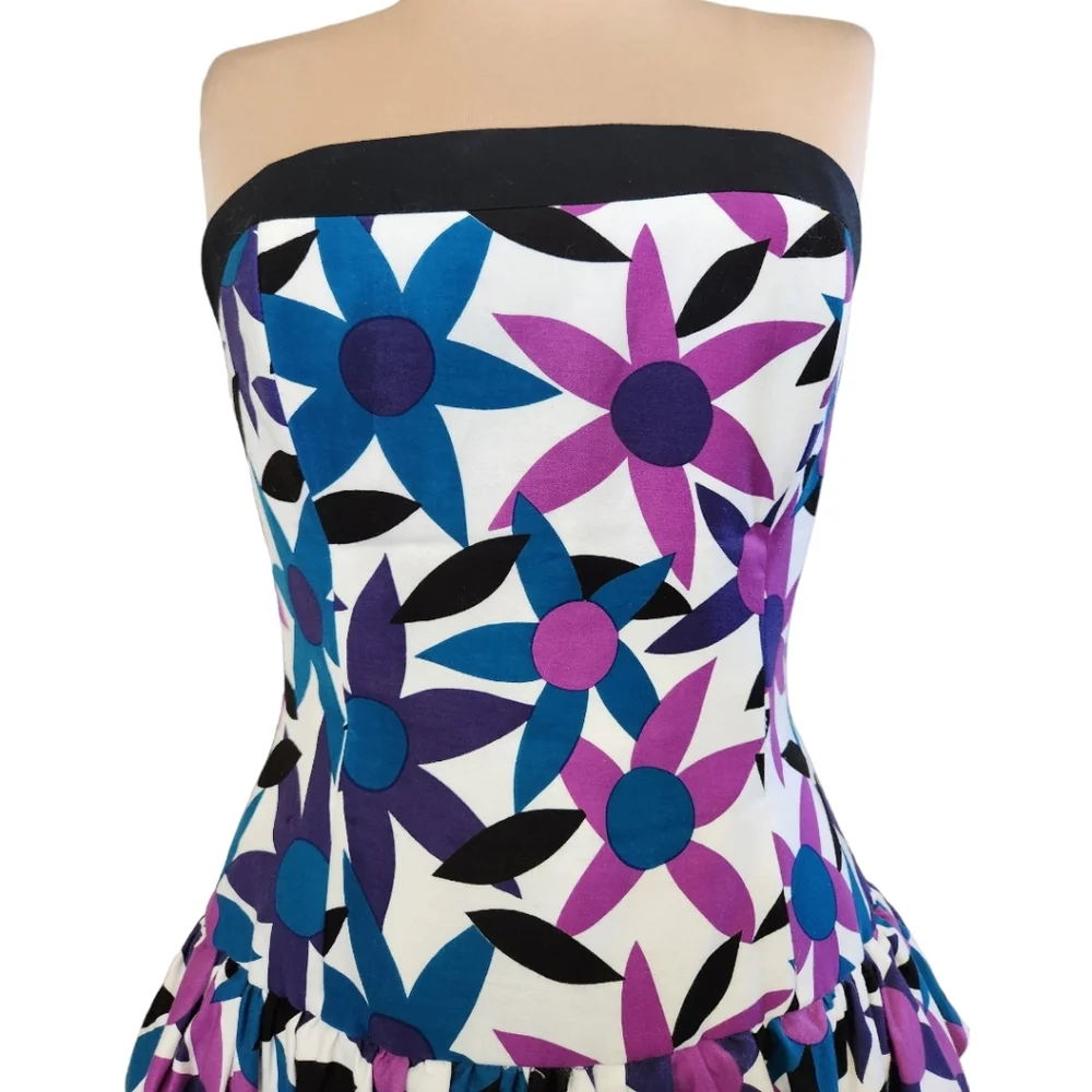 A.J. BARI Vintage 1980s Strapless Floral Print Ruffle Dress - Size 10 - Picture 3 of 11